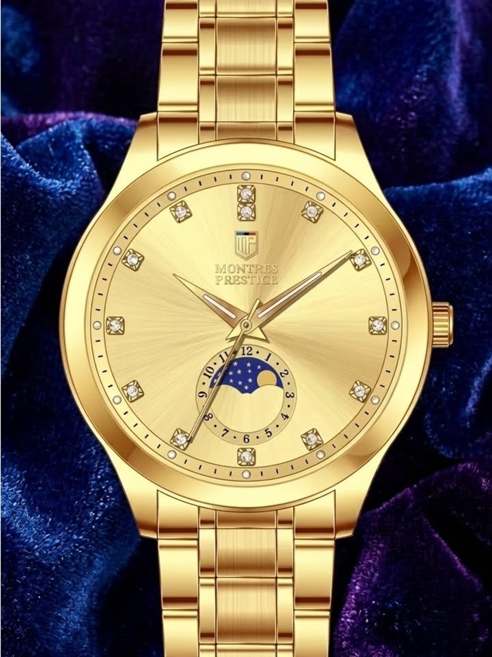 Montres Prestige MOON PHASE (Working!) Limited Luxury Collection Mens Gold 43MM